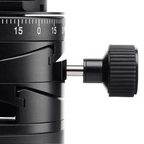 Photo of ARCA-SWISS Core 75 Leveler geared tripod head with telescoping knob, front view, featuring a panoramic interval rotator, base and top panning, and micro-metric movements of +/- 15° in the X/Y axes. SKU: 860112