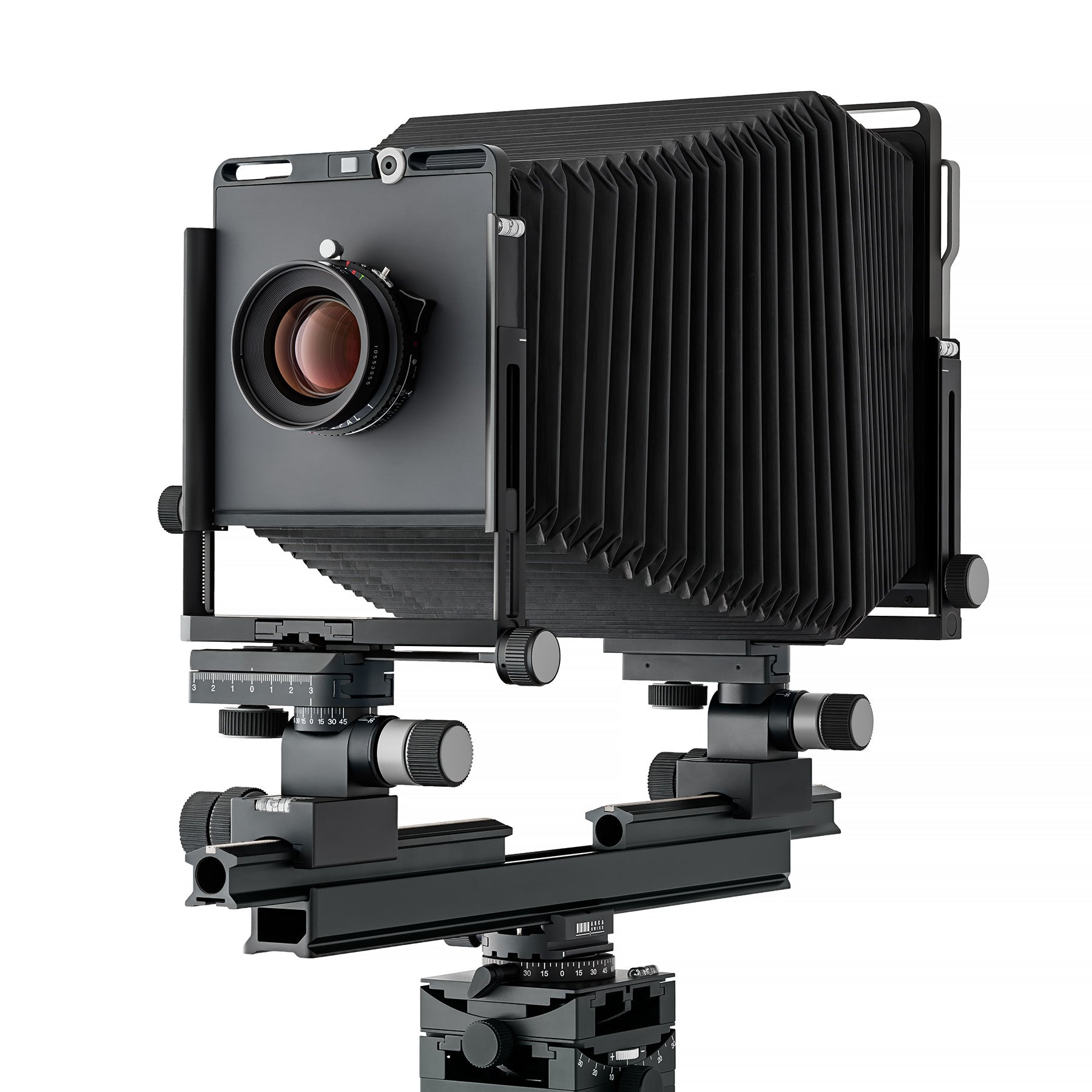 Photo of ARCA-SWISS F-Metric 5x7 View Camera with quartering view, featuring telescopic optical bench, base tilt and ARCA-SWISS Micro-Orbix® tilt. From ARCA-SWISS USA. SKU: 013157-OC
