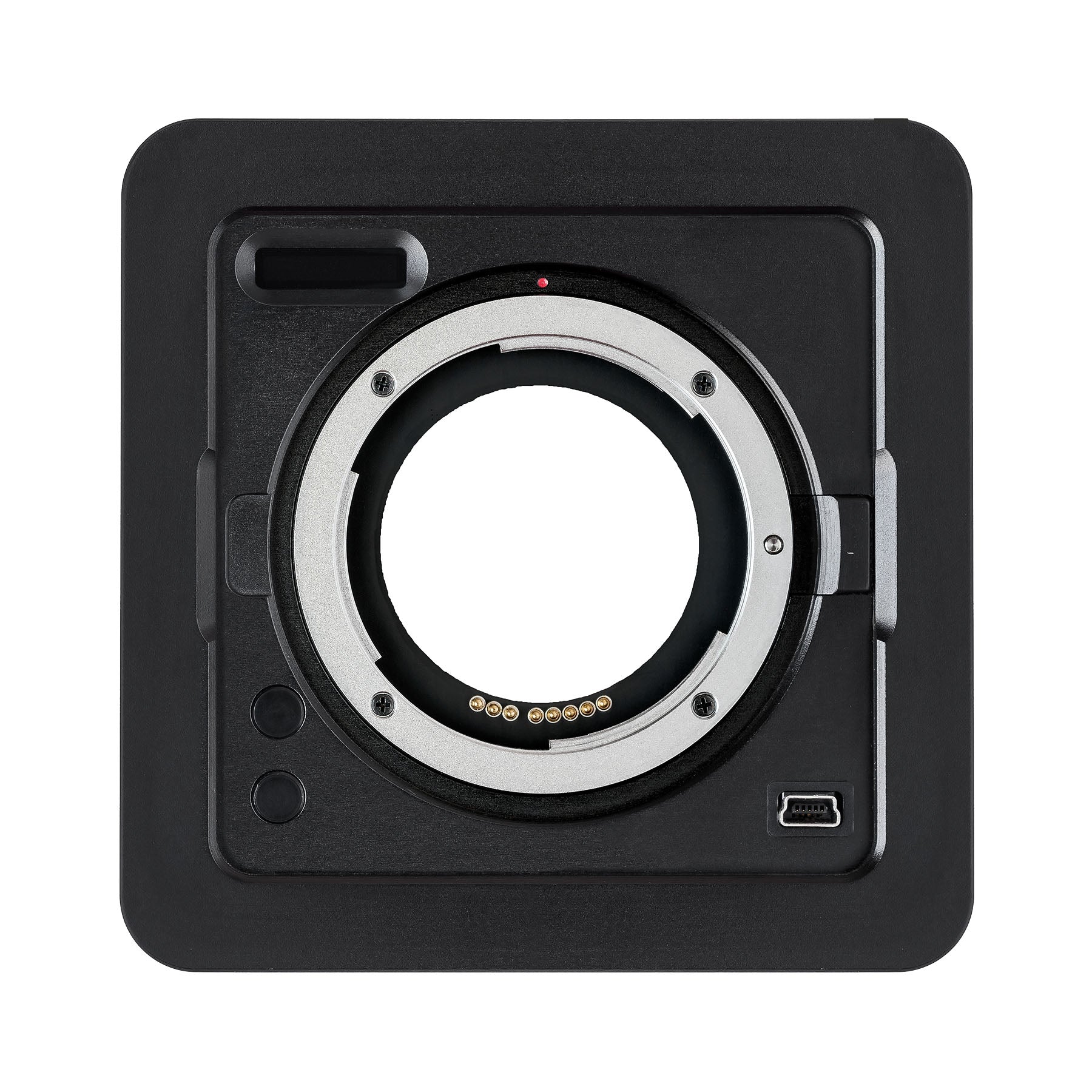 Photo ARCA-SWISS Lens Board Canon, Aperture Control, with front view. Mounts Canon lenses to ARCA-SWISS 6x9 cameras. Compatible with ARCA-SWISS M-Line and F-Line 6x9 cameras. Compatible with R-Line cameras using the R-Line aperture control adapter kit. From ARCA-SWISS USA.  SKU: 091020