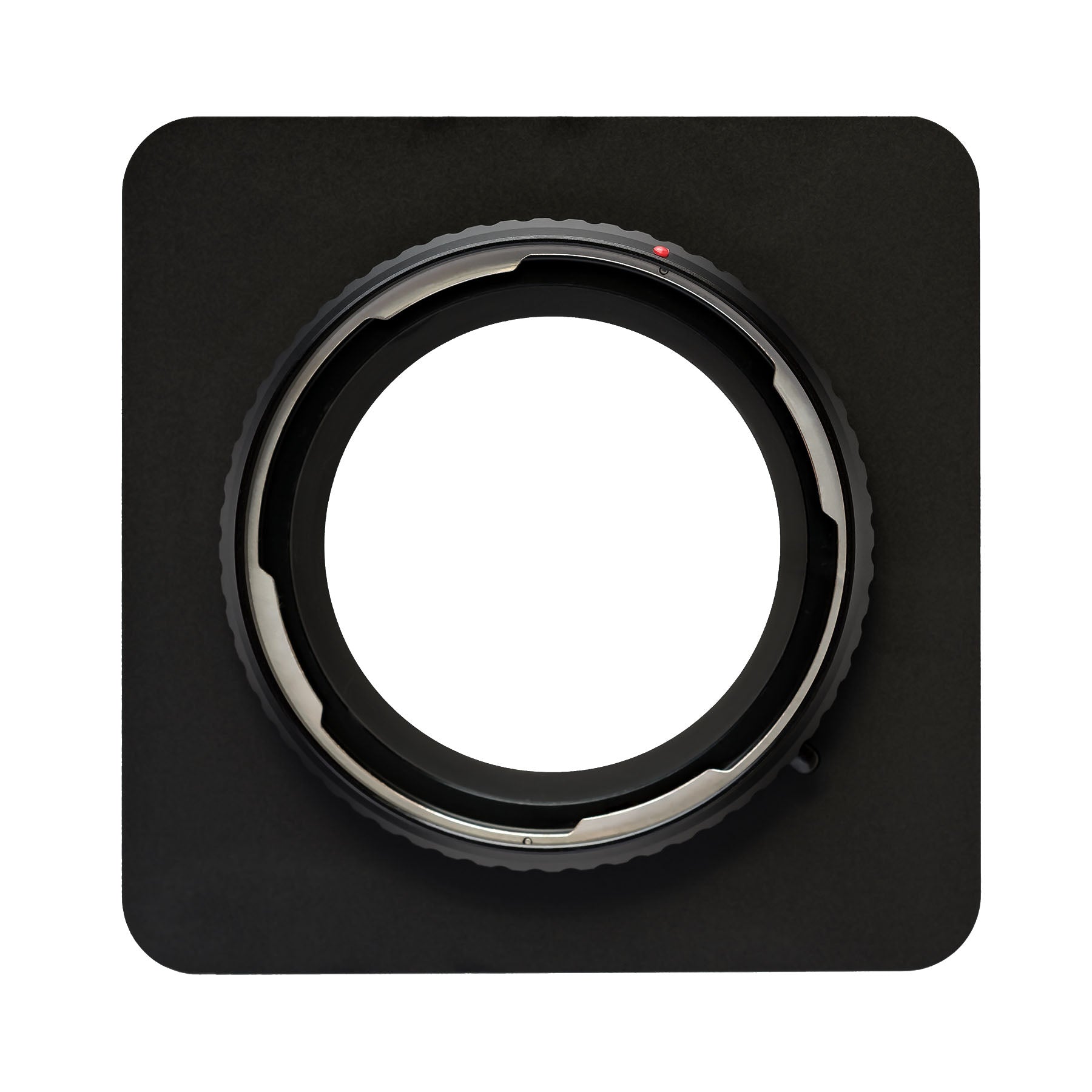 Photo ARCA-SWISS Lens Board Hasselblad V Bayonet with front view. Flat lens board 110 mm x 110 mm with Hasselblad V Bayonet mount. For ARCA-SWISS 6x9 view cameras. From ARCA-SWISS USA.  SKU: 091000.8N