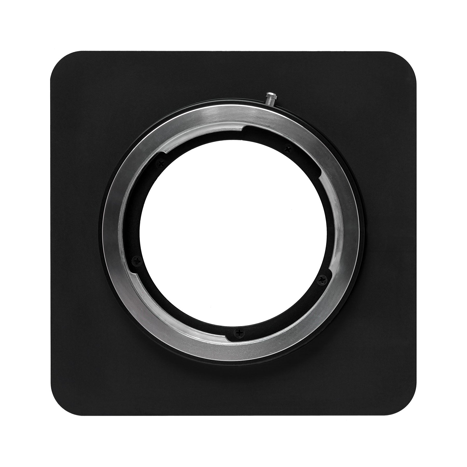 Photo ARCA-SWISS Lens Board Pentax 645 Bayonet with front view. Flat lens board 110 mm x 110 mm with Pentax 645 Bayonet mount. From ARCA-SWISS USA.  SKU: 091012