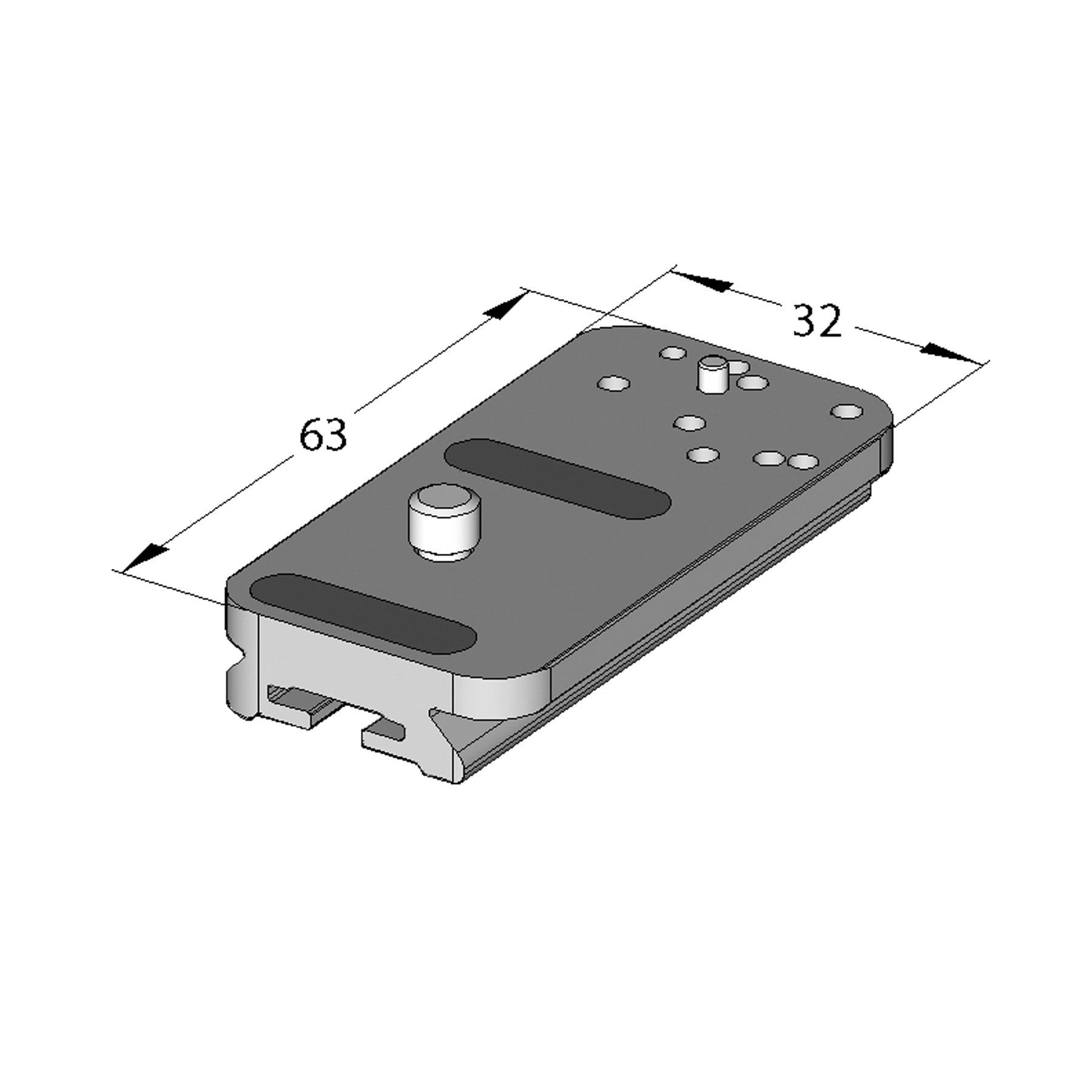Illustration of ARCA-SWISS Camera Plate monoball®Fix SLR Anti-twist Pin, showing dimensions. 1/4”-20 screw. Anti-twist pin with registration holes for Canon 5D mark IV/mark III, Canon 5Ds, Canon 6D mark I/mark II, Canon 7D mark II. Anti-twist pin with registration holes for D800, D700, D300 series. From ARCA-SWISS USA.  SKU:  802270