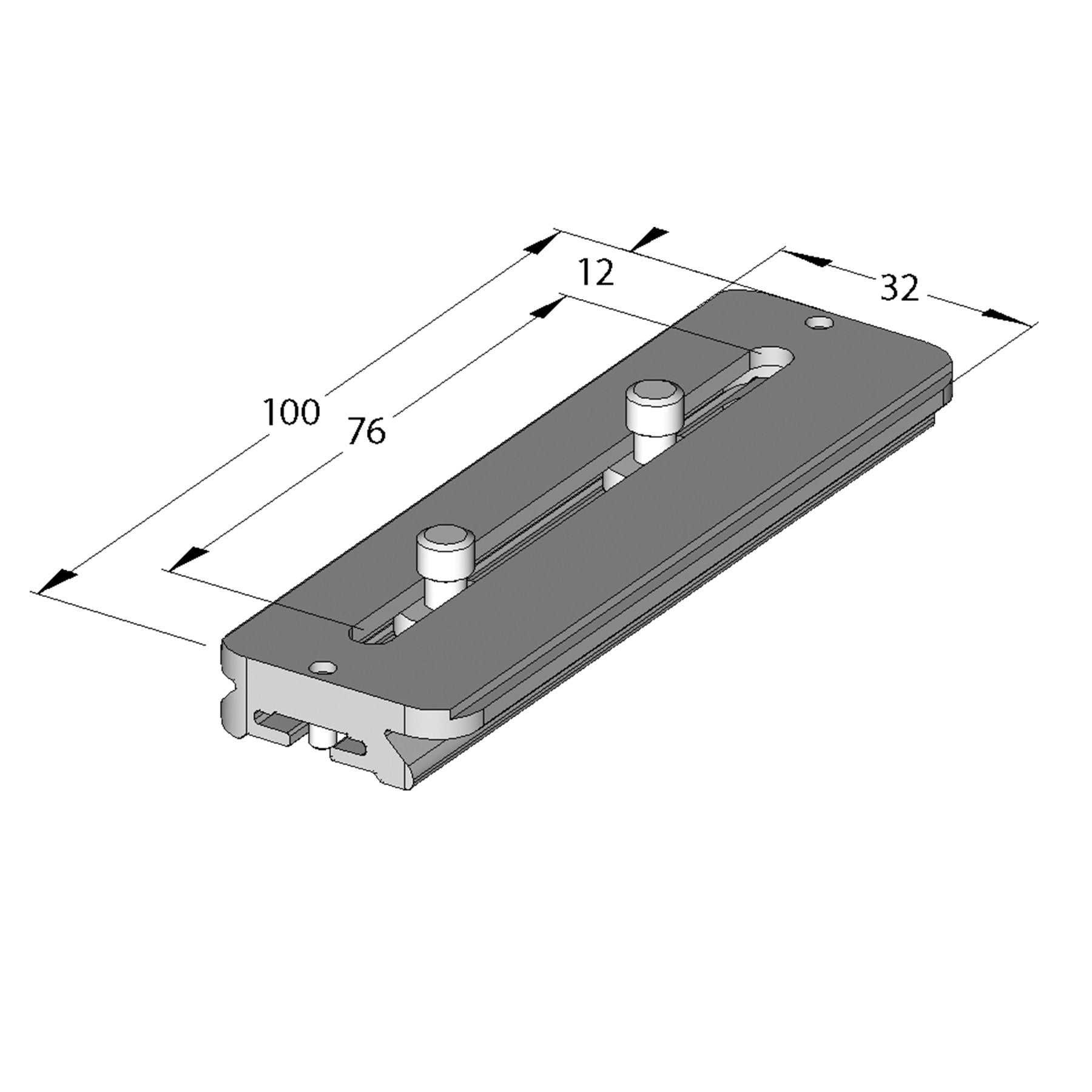Illustration of ARCA-SWISS Camera Plate monoball®Fix 100, showing dimensions. 2 1/4”-20 screws. Adjustment slot with 76 mm range of movement. Works as lens foot mounting plate, with 802295 stop plate kit. From ARCA-SWISS USA.  SKU:  802283