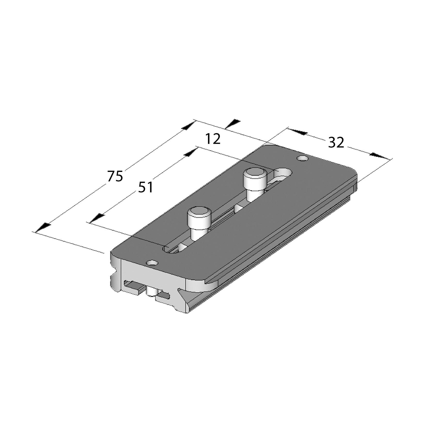 Illustration of ARCA-SWISS Camera Plate monoball®Fix 75, showing dimensions. 2 1/4”-20 screws. Adjustment slot with 51 mm range of movement. Works as lens foot mounting plate, with 802295 stop plate kit. From ARCA-SWISS USA.  SKU:  802284