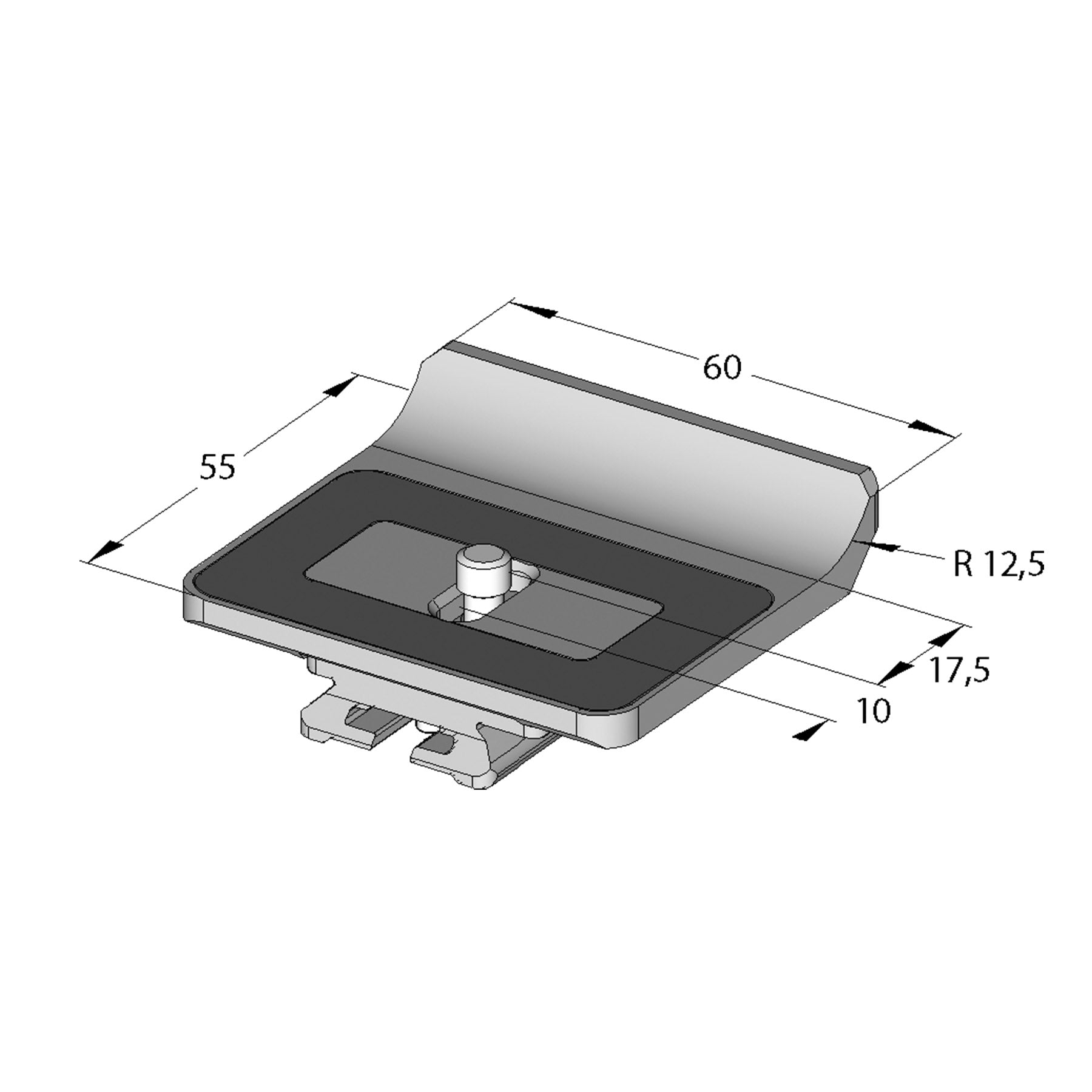 ARCA-SWISS Camera Plate monoball®Fix Variokit Anti-twist Edge for SLR, showing dimensions. ARCA-SWISS monoball®Fix or Classic universal dovetail. 1/4”-20 screw. Anti-twist curved  edge compatible with Canon 1D, Nikon D4, Nikon D3 series cameras and with many SLR or DSLR cameras. From ARCA-SWISS USA.  SKU:  802288
