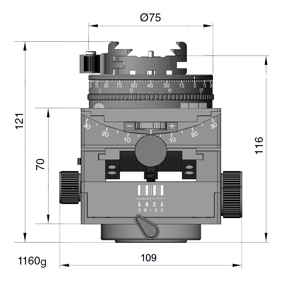 Illustration of ARCA-SWISS C1 Cube cp geared tripod head with flipLock® quick release dimensions, with specifications for height, width, and weight. Featuring gear-driven, self-locking micro-metric controls. From ARCA-SWISS USA. SKU: 8501500.1