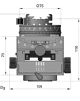 Illustration of ARCA-SWISS C1 Cube cp geared tripod head with flipLock® quick release dimensions, with specifications for height, width, and weight. Featuring gear-driven, self-locking micro-metric controls. From ARCA-SWISS USA. SKU: 8501500.1
