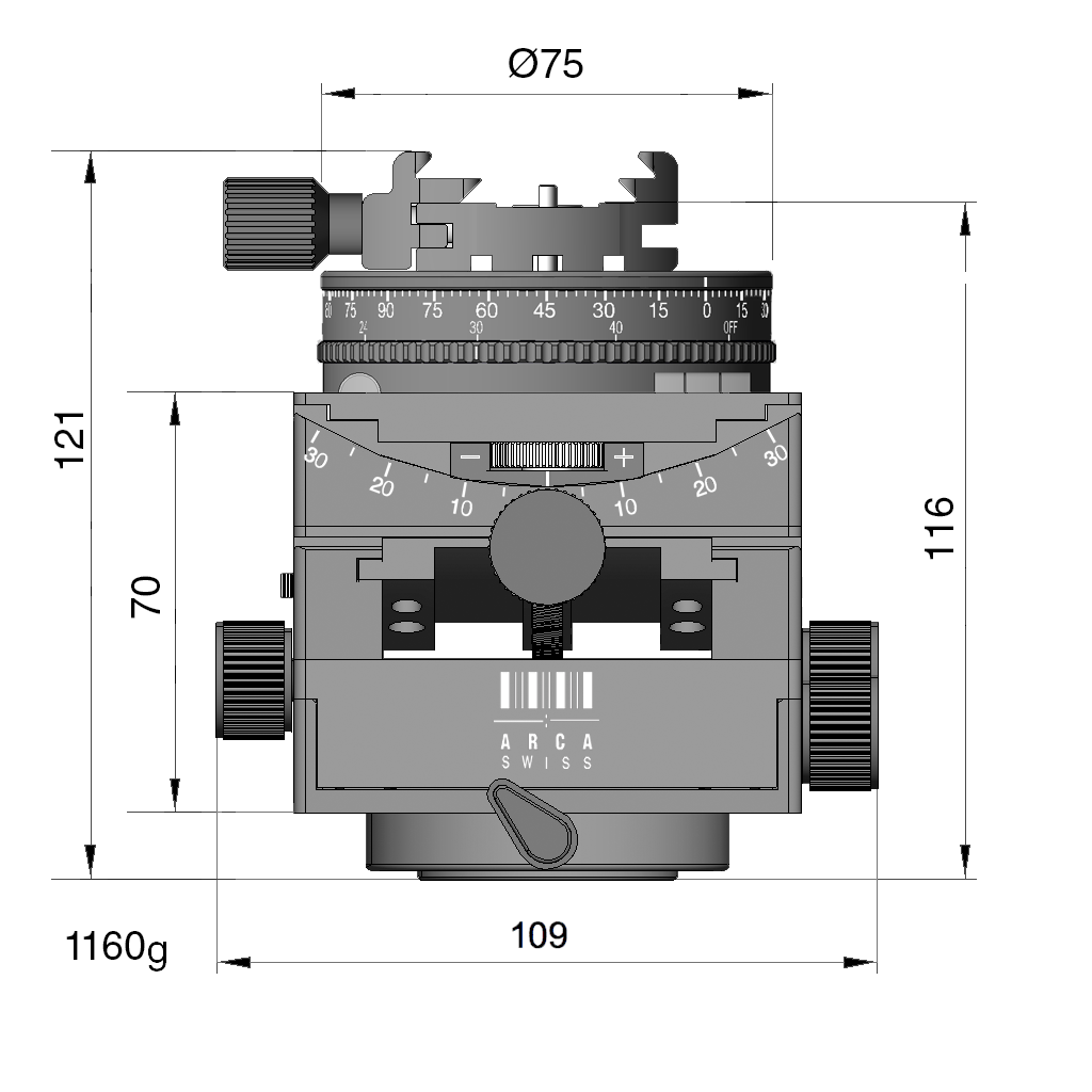 Illustration of ARCA-SWISS C1 Cube cp geared tripod head with Classic quick release dimensions, with specifications for height, width, and weight. Featuring gear-driven, self-locking micro-metric controls. From ARCA-SWISS USA. SKU: 8501503.1