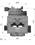 Illustration of ARCA-SWISS C1 Cube cp geared tripod head with Classic quick release dimensions, with specifications for height, width, and weight. Featuring gear-driven, self-locking micro-metric controls. From ARCA-SWISS USA. SKU: 8501503.1