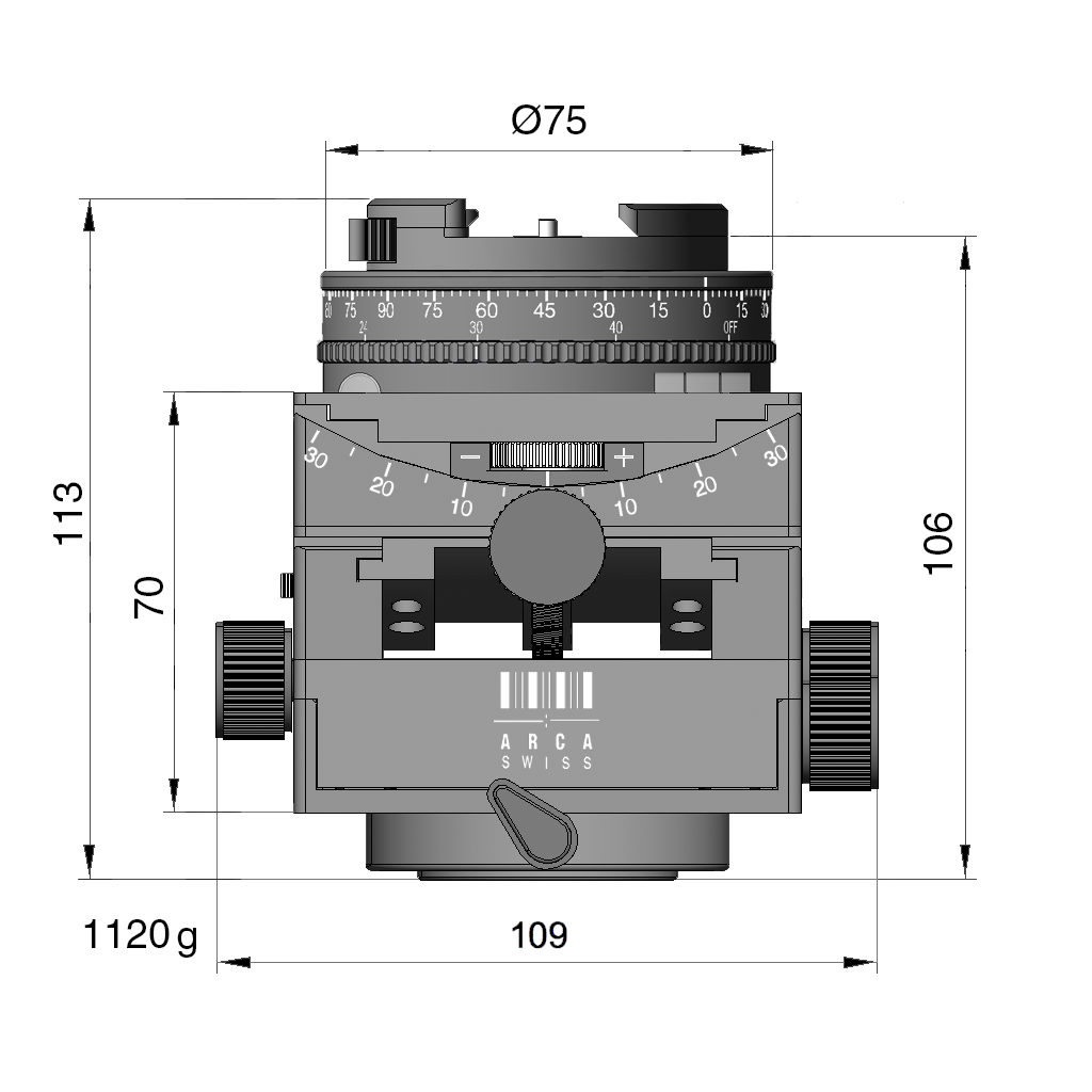 Illustration of ARCA-SWISS C1 Cube cp geared tripod head with monoballFix® quick release, with specifications for height, width, and weight. Featuring gear-driven, self-locking micro-metric controls. From ARCA-SWISS USA. SKU: 8501505.1