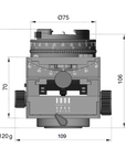 Illustration of ARCA-SWISS C1 Cube cp geared tripod head with monoballFix® quick release, with specifications for height, width, and weight. Featuring gear-driven, self-locking micro-metric controls. From ARCA-SWISS USA. SKU: 8501505.1