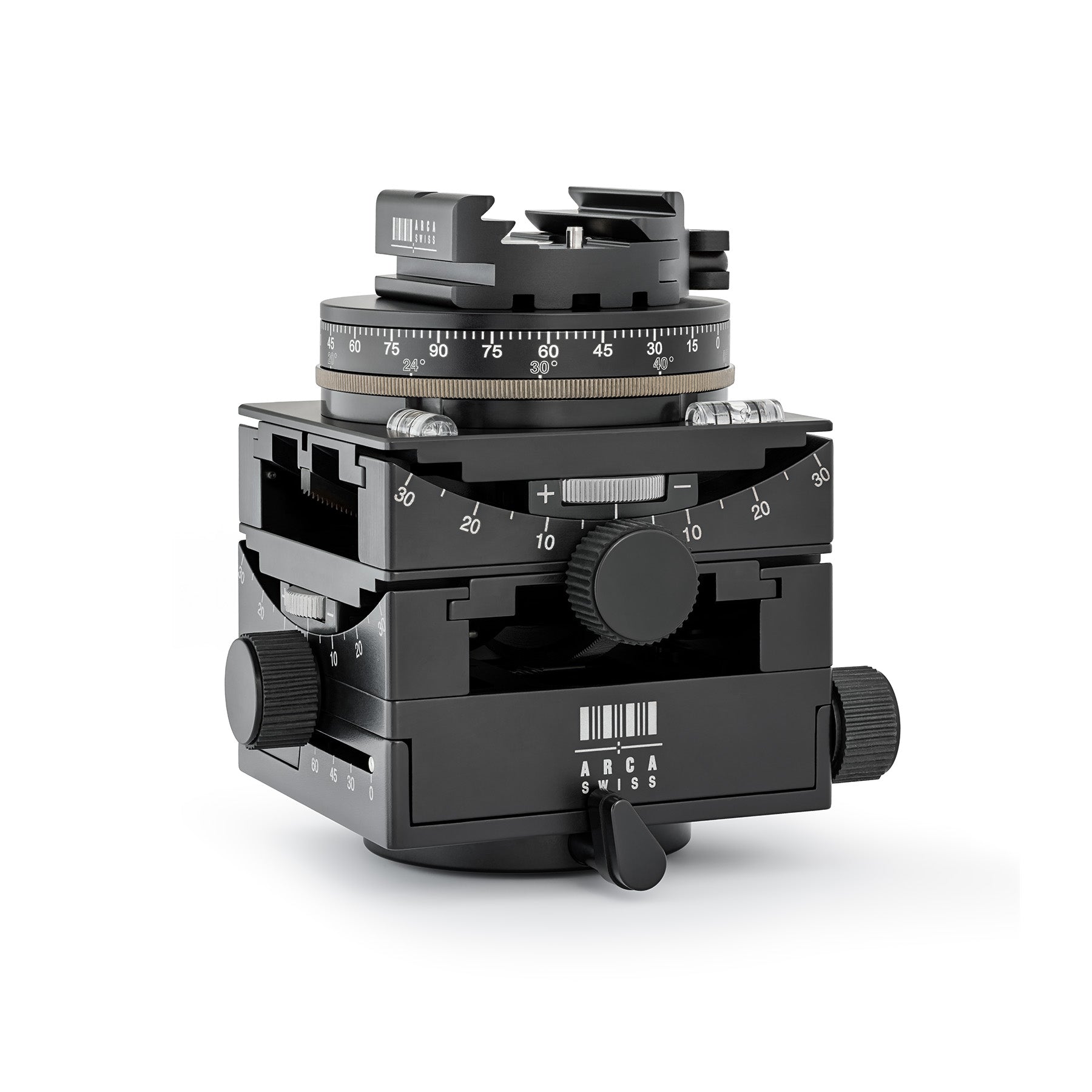 Photo of ARCA-SWISS C1 Cube cp geared tripod head with flipLock® quick release, 3/4 front view photograph in zeroed position. Featuring gear-driven, self-locking micro-metric controls. From ARCA-SWISS USA. SKU:8501500.1