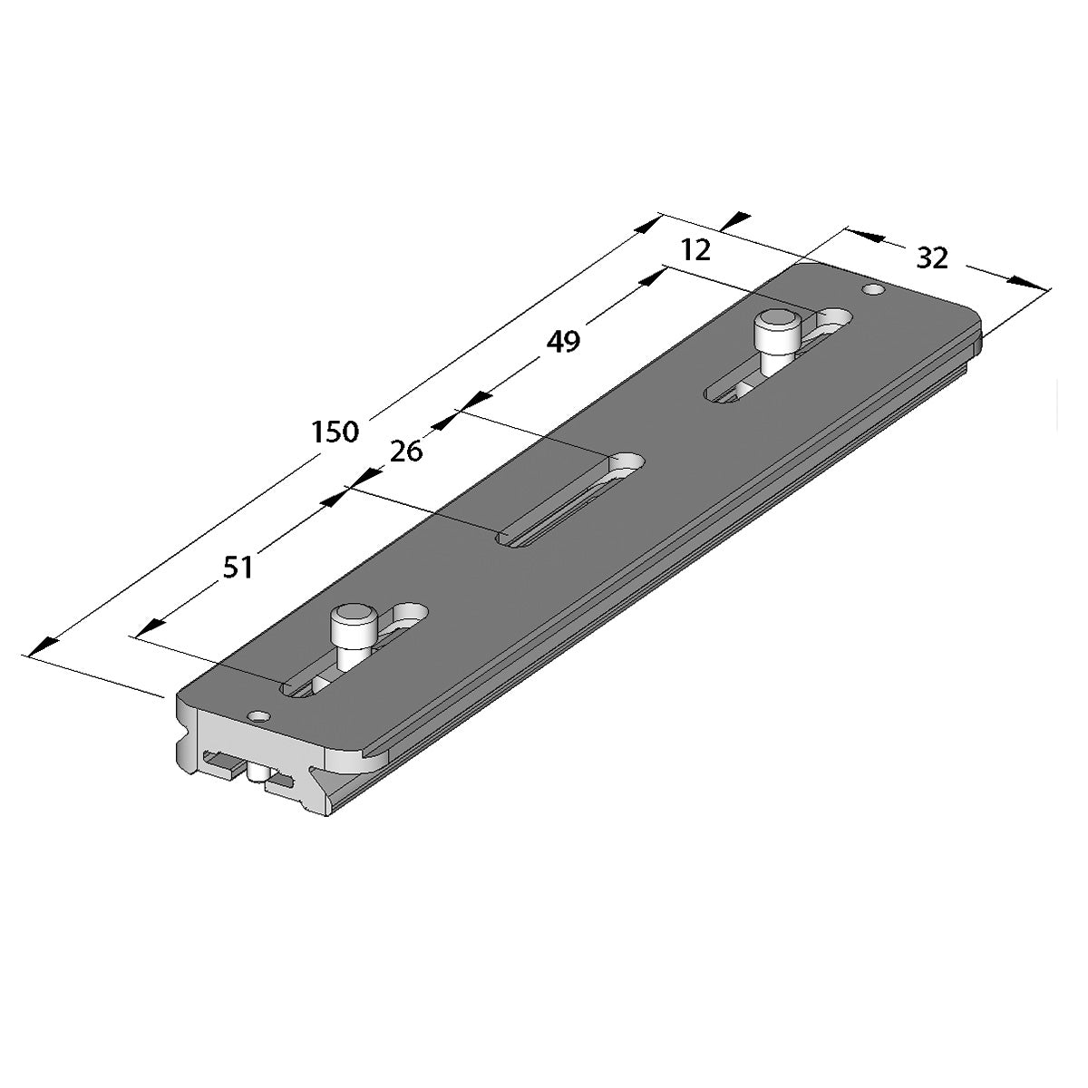 Illustration of ARCA-SWISS Camera Plate monoball®Fix 150, showing dimensions. Supplied with (2) 1/4”-20 screws. Adjustable use for many cameras, flat bed view cameras, or lenses and accessories of all sizes. From ARCA-SWISS USA.  SKU:  802280