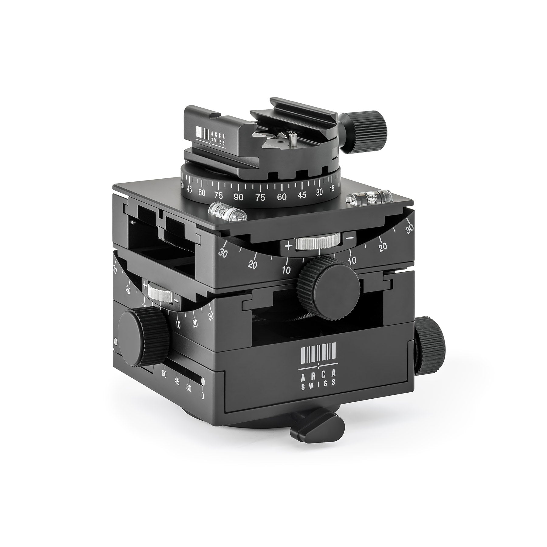 Arca-Swiss C1 Cube geared tripod head with Classic quick release, 3/4 front view photograph, model 8501003.1 from Arca-Swiss USA.