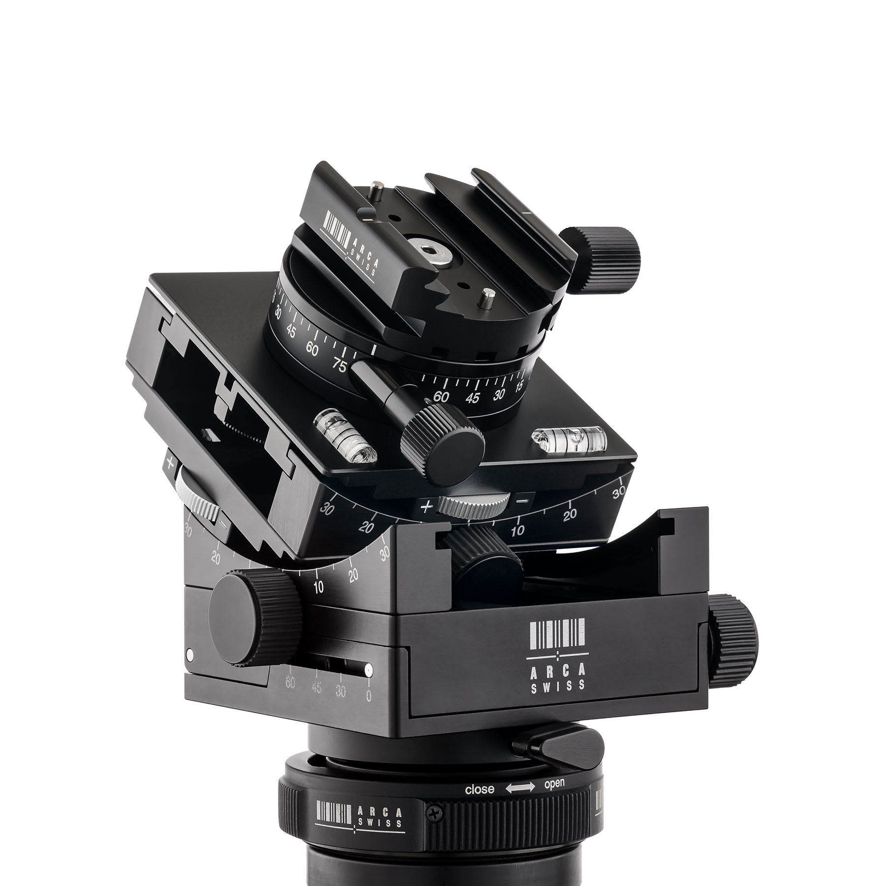 Photo of ARCA-SWISS C1 Cube gp geared tripod head with Classic quick release, opened to the 90 degree vertical orientation position, quartering view. Featuring gear-driven, self-locking micro-metric controls. From ARCA-SWISS USA.  SKU: 8501303.1