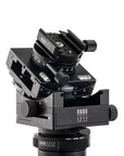 Photo of ARCA-SWISS C1 Cube gp geared tripod head with Classic quick release, opened to the 90 degree vertical orientation position, quartering view. Featuring gear-driven, self-locking micro-metric controls. From ARCA-SWISS USA. SKU: 8501303.1