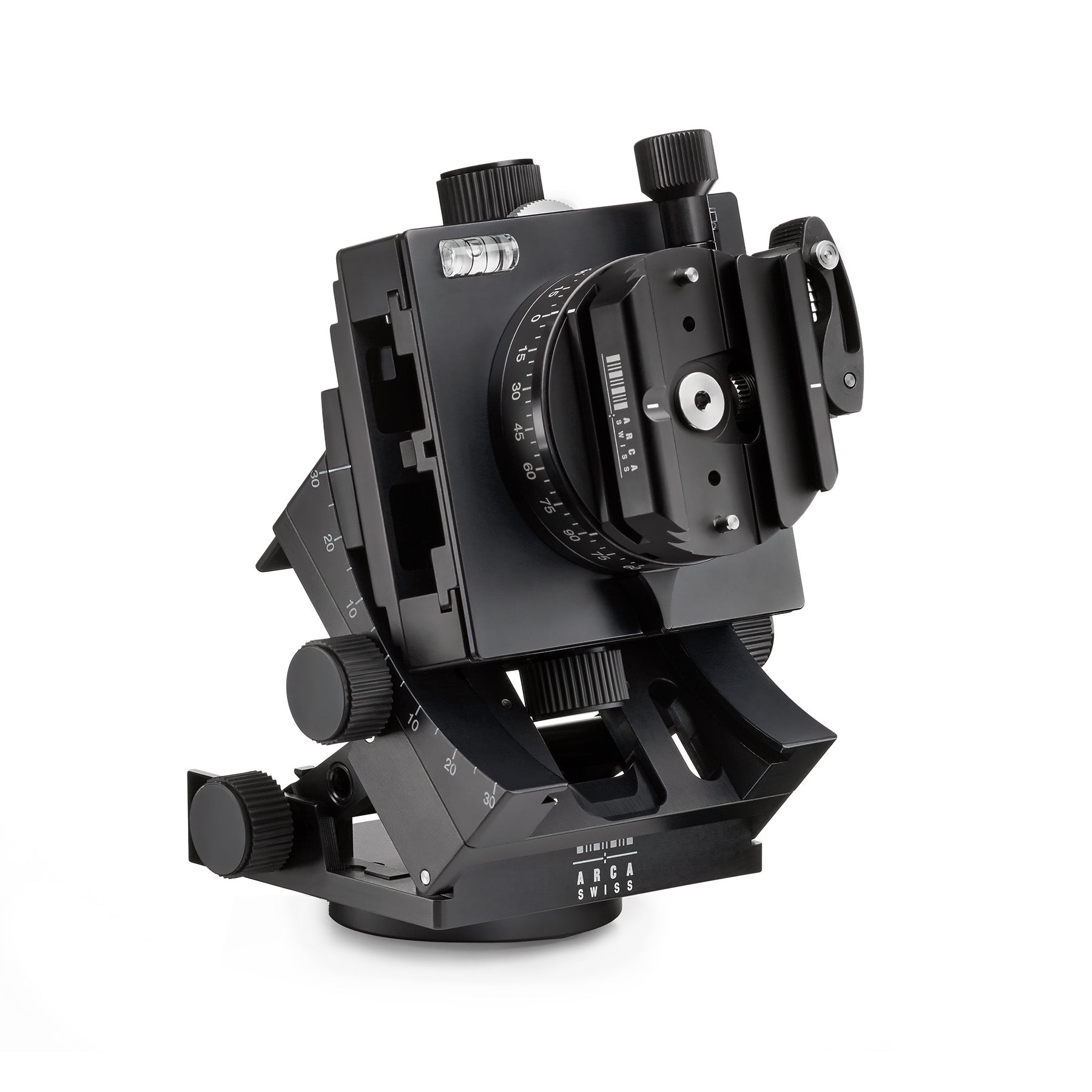 Photo of ARCA-SWISS C1 Cube gp geared tripod head with flipLock® quick release, 3/4 front view photograph with the head open and with 30 degrees of tilt. Featuring micro-metric geared panning or manual free panning. From ARCA-SWISS USA.  SKU: 8501300.1