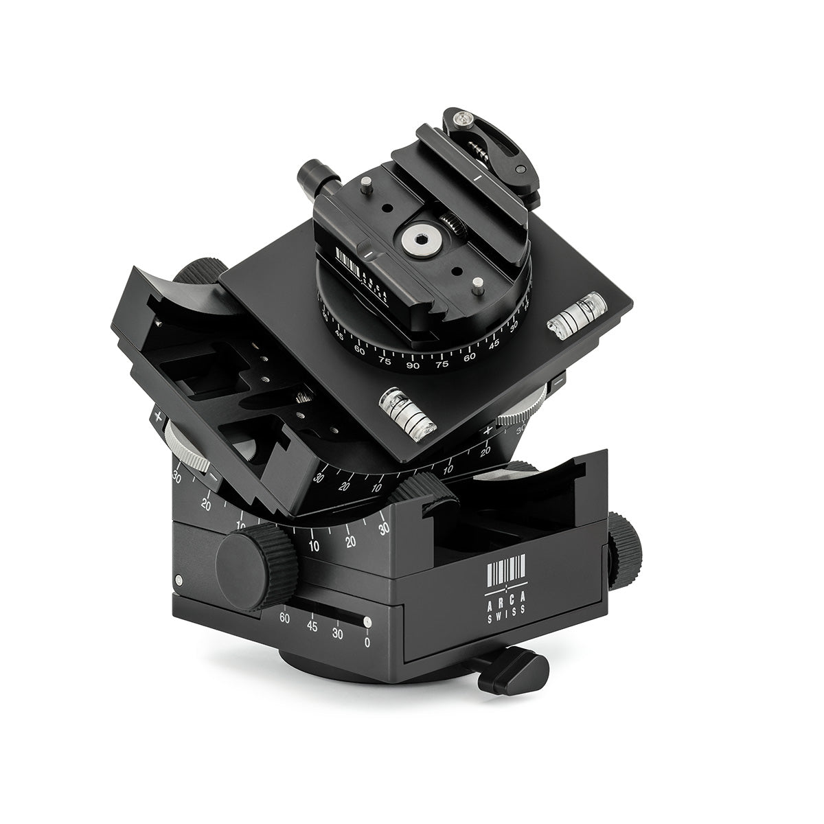 Arca-Swiss C1 Cube geared tripod head with flipLock quick release, 3/4 front view showing 30 degrees of tilt in each axis, model 8501000.1 from Arca-Swiss USA.