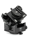 Photo of ARCA-SWISS C1 Cube gp geared tripod head with flipLock® quick release, quartering view showing 30 degrees of tilt in each axis. Featuring gear-driven, self-locking micro-metric controls. From ARCA-SWISS USA. SKU: 8501000.1