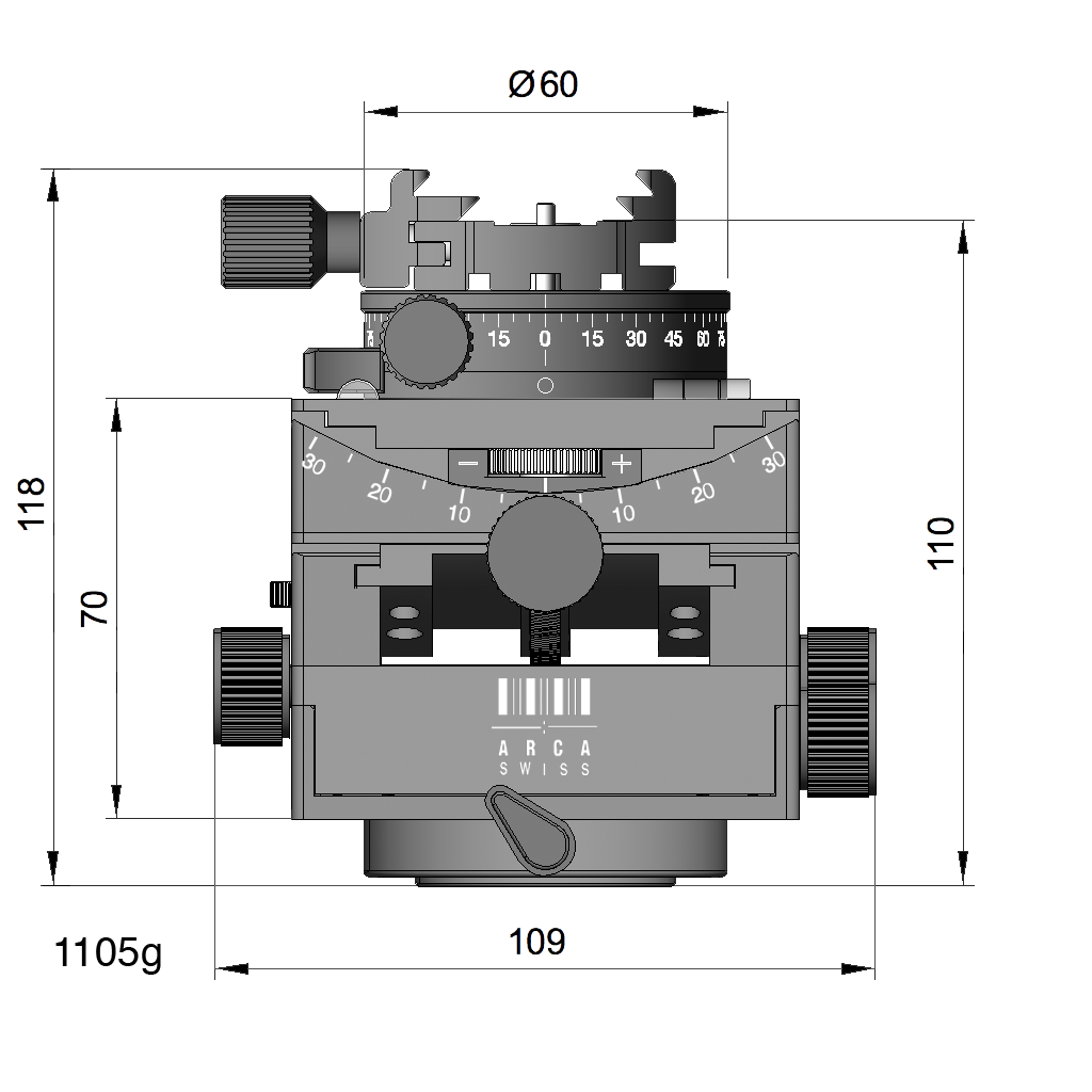 Illustration of ARCA-SWISS C1 Cube geared tripod head with Classic quick release dimensions, with specifications for height, width, and weight. Featuring gear-driven, self-locking micro-metric controls. From ARCA-SWISS USA.  SKU: 8501303.1