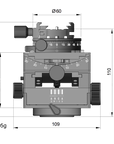 Illustration of ARCA-SWISS C1 Cube geared tripod head with Classic quick release dimensions, with specifications for height, width, and weight. Featuring gear-driven, self-locking micro-metric controls. From ARCA-SWISS USA. SKU: 8501303.1