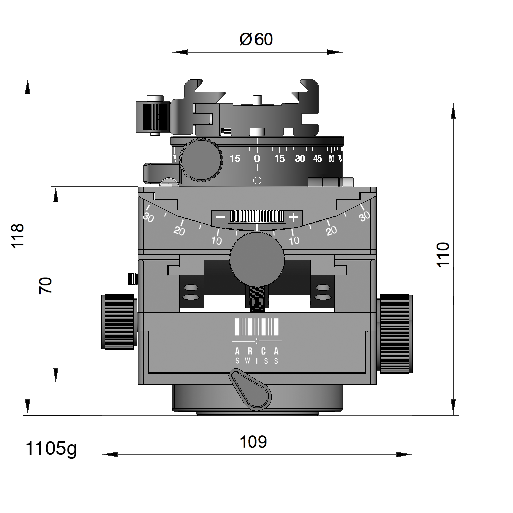 Illustration of ARCA-SWISS C1 Cube gp geared tripod head with flipLock® quick release dimensions, with specifications for height, width, and weight. Featuring micro-metric geared panning or manual free panning. From ARCA-SWISS USA.  SKU: 8501300.1