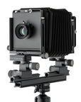 Photo of ARCA-SWISS F-Metric 4x5 View Camera with quartering view, featuring base tilt, ARCA-SWISS Micro-Orbix® tilt and folding monorail. From ARCA-SWISS USA. SKU: 013145-OC