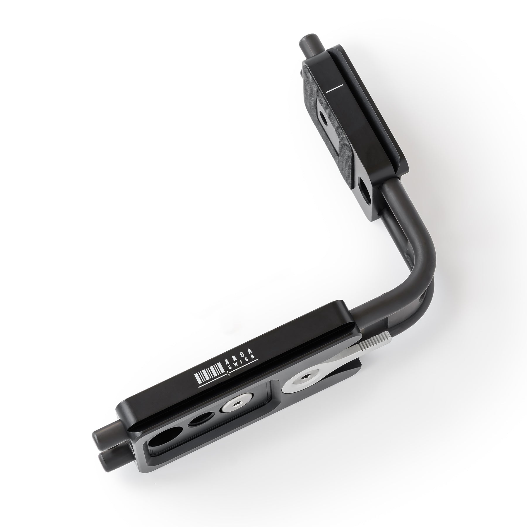 Photo of ARCA-SWISS L-Bracket Classic Universal. Facilitates quick change in orientation while keeping the camera centered over the tripod head. Two sliding plates - one long camera base plate and one short vertical arm plate, both with quick release locking levers. Universal design for use with Canon, Nikon and Fuji GFX 505 cameras. Anti-twist pin with pinhole registration positions. From ARCA-SWISS USA.  SKU:  802306