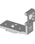 Illustration of ARCA-SWISS L-Bracket Phase One XF. Dedicated L-bracket for Phase One XF and Mamiya 645 medium format cameras. Facilitates quick change in orientation while keeping the camera centered over the tripod head. Two anti-this pins. 3/8” mounting screw with additional 3/8” threaded socket. From ARCA-SWISS USA. SKU: 802305