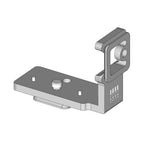 Illustration of ARCA-SWISS L-Bracket Phase One XF. Dedicated L-bracket for Phase One XF and Mamiya 645 medium format cameras. Facilitates quick change in orientation while keeping the camera centered over the tripod head. Two anti-this pins. 3/8” mounting screw with additional 3/8” threaded socket. From ARCA-SWISS USA. SKU: 802305