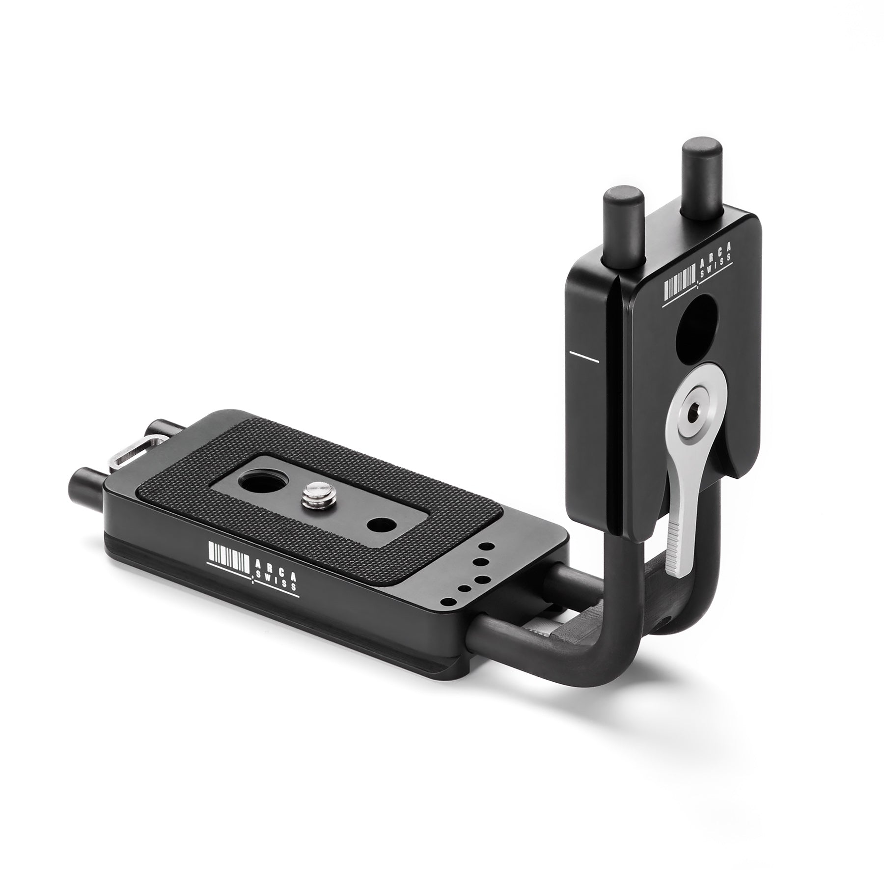 Photo of ARCA-SWISS L-Bracket Classic Universal. Facilitates quick change in orientation while keeping the camera centered over the tripod head. Two sliding plates - one long camera base plate and one short vertical arm plate, both with quick release locking levers. Universal design for use with Canon, Nikon and Fuji GFX 505 cameras. Anti-twist pin with pinhole registration positions. From ARCA-SWISS USA.  SKU:  802306