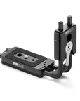 Photo of ARCA-SWISS L-Bracket Classic Universal. Facilitates quick change in orientation while keeping the camera centered over the tripod head. Two sliding plates - one long camera base plate and one short vertical arm plate, both with quick release locking levers. Universal design for use with Canon, Nikon and Fuji GFX 505 cameras. Anti-twist pin with pinhole registration positions. From ARCA-SWISS USA. SKU: 802306