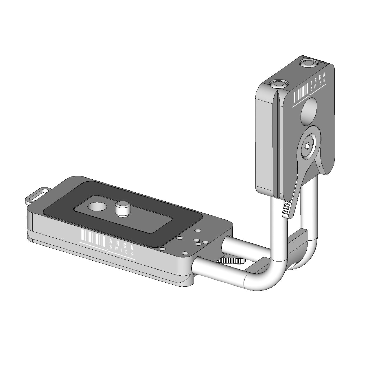 Illustration of ARCA-SWISS L-Bracket Classic Universal. Facilitates quick change in orientation while keeping the camera centered over the tripod head. Two sliding plates - one long camera base plate and one short vertical arm plate, both with quick release locking levers. Universal design for use with Canon, Nikon and Fuji GFX 505 cameras. Anti-twist pin with pinhole registration positions. From ARCA-SWISS USA.  SKU:  802306