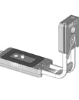 Illustration of ARCA-SWISS L-Bracket Classic Universal. Facilitates quick change in orientation while keeping the camera centered over the tripod head. Two sliding plates - one long camera base plate and one short vertical arm plate, both with quick release locking levers. Universal design for use with Canon, Nikon and Fuji GFX 505 cameras. Anti-twist pin with pinhole registration positions. From ARCA-SWISS USA. SKU: 802306