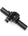 Photo of ARCA-SWISS Macro-Table geared macro focusing rail, overhead view. Versatile and portable. Made with ARCA-SWISS modular view camera components. Micro-metric, self locking, gear-driven movements. Inner friction control ring. Quick release can be manually rotated 90°. Also useful as a nodal rail for improved panoramic interval capture. From ARCA-SWISS USA. SKU: 802336