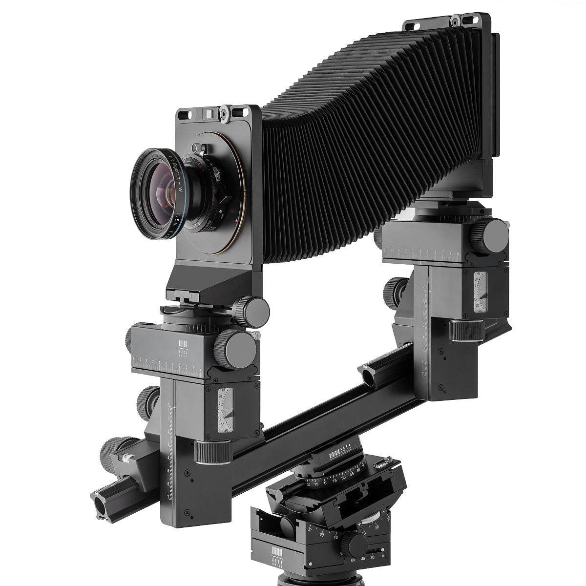 Photo of ARCA-SWISS M-Monolith 6X9 View Camera with quartering view, featuring tri-axial yaw-free movements, telescoping optical bench, base tilt and and ARCA-SWISS Micro-Orbix® tilt. From ARCA-SWISS USA. SKU: 014169-OC
