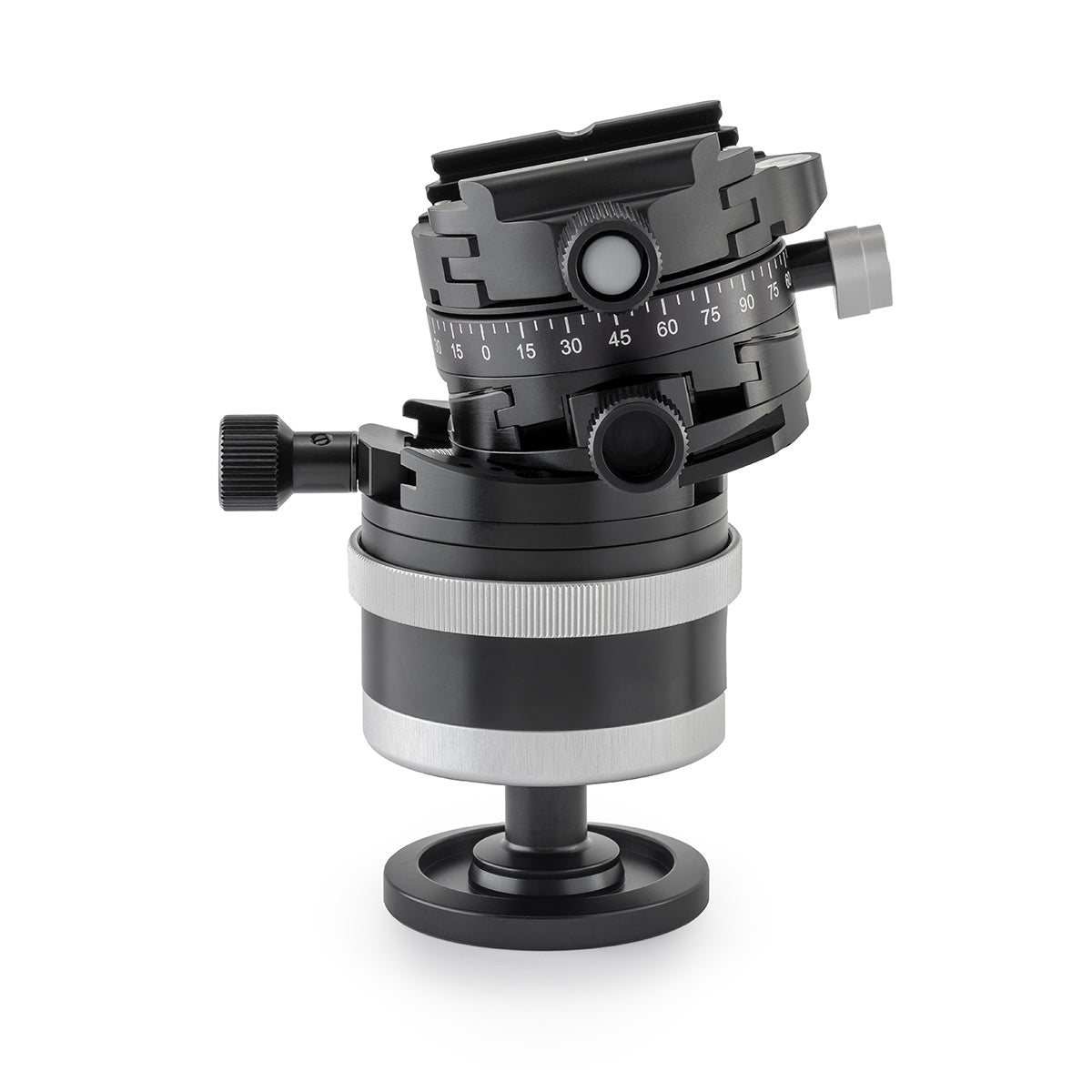 Photo of ARCA-SWISS monoball p0+ Hybrid tripod head with Classic quick release, side view, featuring an inverted monoball® design, micrometric geared controls, a friction + control lock and top panning with detents at 90° intervals. From ARCA-SWISS USA.  SKU: 801228
