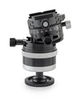 Photo of ARCA-SWISS monoball p0+ Hybrid tripod head with Classic quick release, side view, featuring an inverted monoball® design, micrometric geared controls, a friction + control lock and top panning with detents at 90° intervals. From ARCA-SWISS USA. SKU: 801228