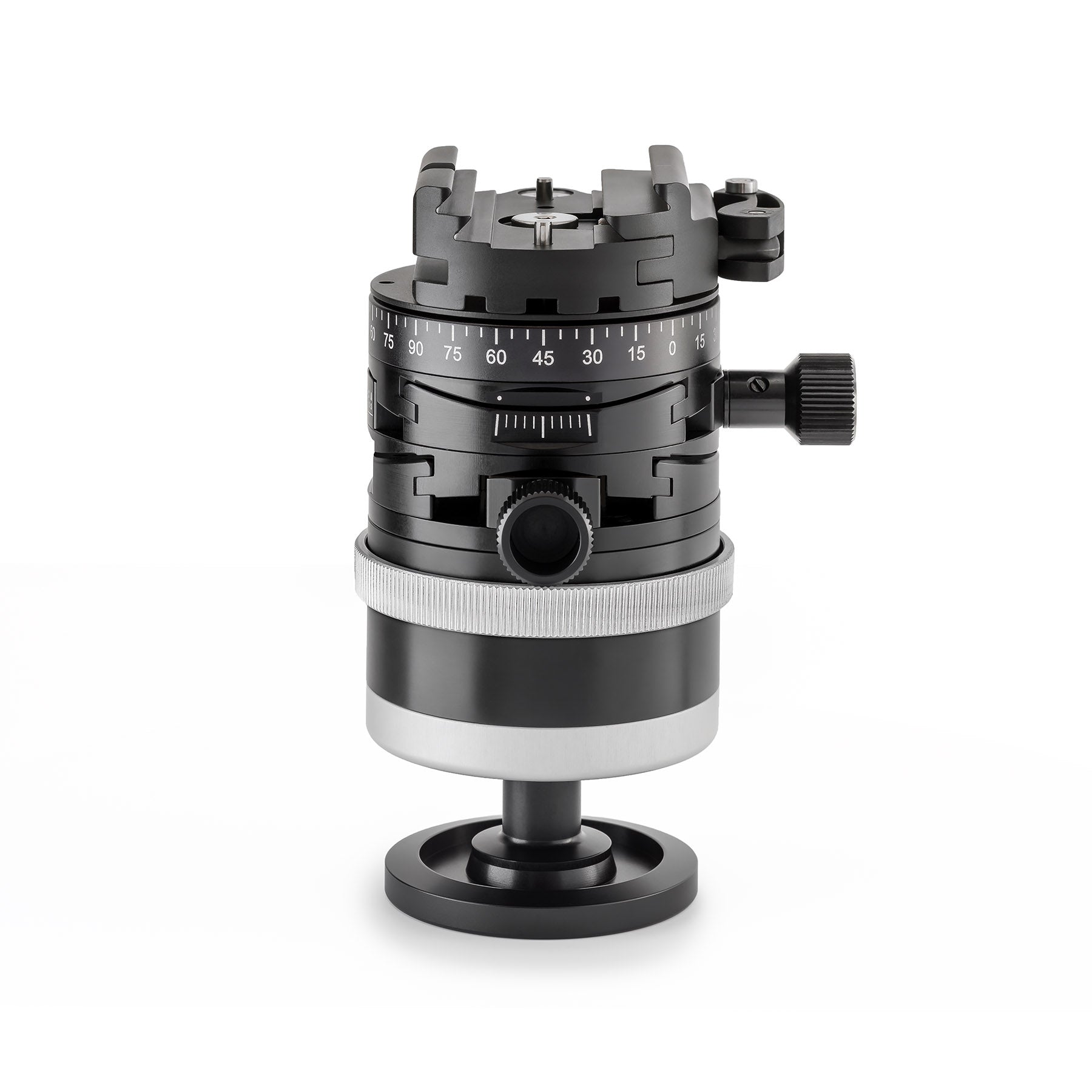 Photo of ARCA-SWISS monoball p0+ Hybrid flipLock® tripod head with front view, featuring an inverted monoball® design, micrometric geared controls, a friction + control lock and top panning with detents at 90° intervals. From ARCA-SWISS USA.  SKU: 801229