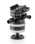 Photo of ARCA-SWISS monoball p0+ Hybrid flipLock® tripod head with quartering view, featuring an inverted monoball® design, micrometric geared controls, a friction + control lock and top panning with detents at 90° intervals. From ARCA-SWISS USA. SKU: 801229
