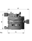 Illustration of ARCA-SWISS Core 75 Leveler geared tripod head Classic with front view, featuring base and top panning, and micro-metric movements of +/- 15° in the X/Y axes. From ARCA-SWISS USA. SKU: 860112