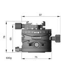 Illustration of ARCA-SWISS Core 75 Leveler geared tripod head Classic with front view, featuring base and top panning, and micro-metric movements of +/- 15° in the X/Y axes. From ARCA-SWISS USA. SKU: 860112