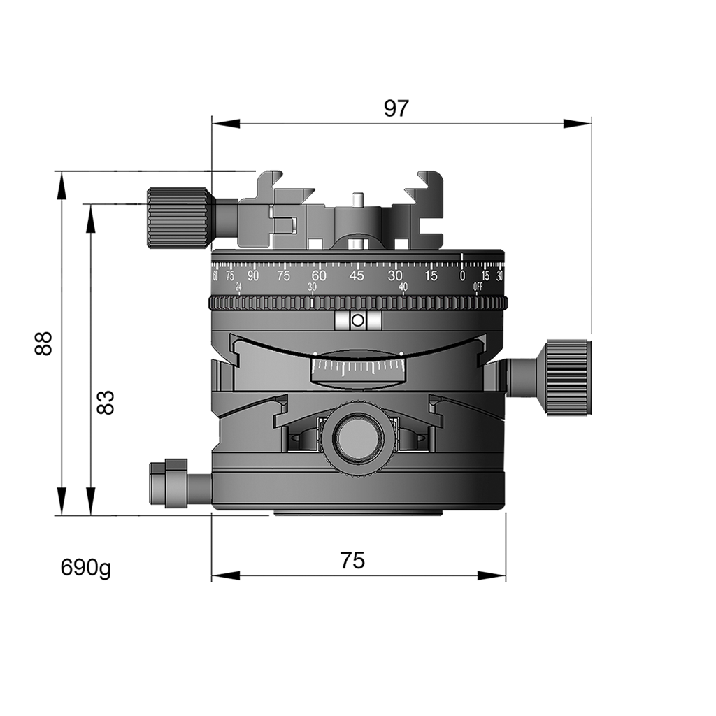 Illustration of ARCA-SWISS Core 75 Leveler clicPan® tripod head Classic with front view, featuring a panoramic interval rotator, base and top panning, and micro-metric movements of +/- 15° in the X/Y axes. From ARCA-SWISS USA. SKU: 860152