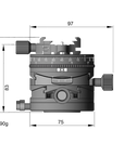 Illustration of ARCA-SWISS Core 75 Leveler clicPan® tripod head Classic with front view, featuring a panoramic interval rotator, base and top panning, and micro-metric movements of +/- 15° in the X/Y axes. From ARCA-SWISS USA. SKU: 860152