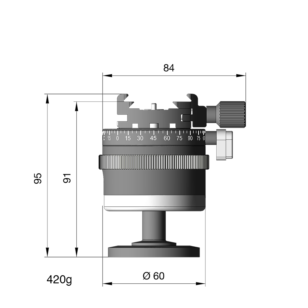 Illustration of ARCA-SWISS monoball® p0 Classic tripod head with front view, featuring patented aspherical ball, three locking elements, textured locking ring, 90° tilt and 360° top panning.  From ARCA-SWISS USA.  SKU: 801214