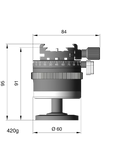 Illustration of ARCA-SWISS monoball® p0 Classic tripod head with front view, featuring patented aspherical ball, three locking elements, textured locking ring, 90° tilt and 360° top panning. From ARCA-SWISS USA. SKU: 801214