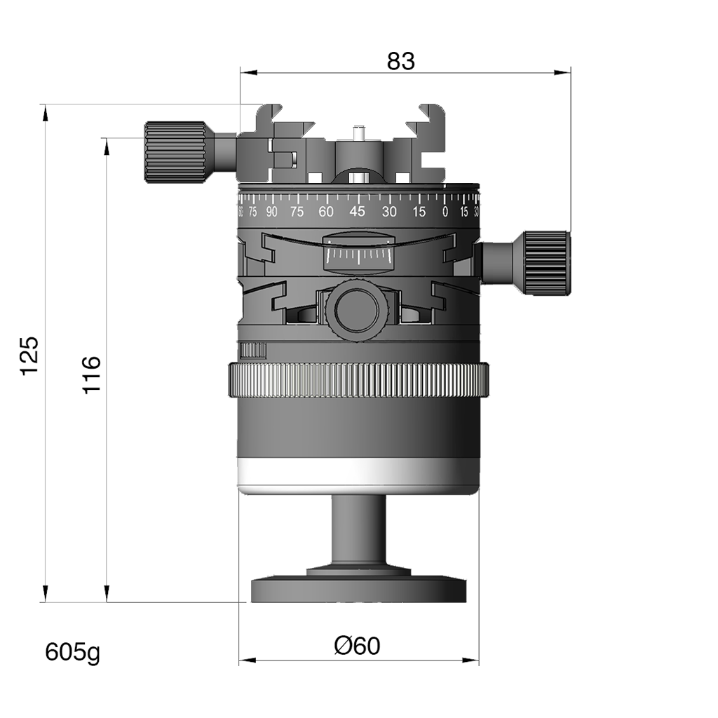 Illustration of ARCA-SWISS monoball p0+ Hybrid Classic tripod head with front view, featuring an inverted monoball® design, micrometric geared controls, a friction + control lock and top panning with detents at 90° intervals. From ARCA-SWISS USA.  SKU: 801228