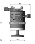 Illustration of ARCA-SWISS monoball p0+ Hybrid Classic tripod head with front view, featuring an inverted monoball® design, micrometric geared controls, a friction + control lock and top panning with detents at 90° intervals. From ARCA-SWISS USA. SKU: 801228