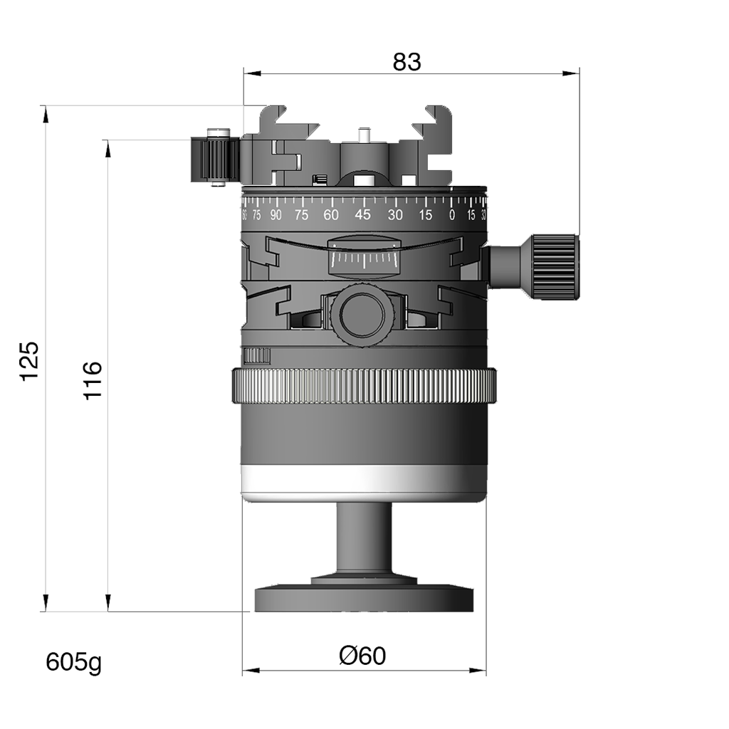 Illustration of ARCA-SWISS monoball p0+ Hybrid flipLock® tripod head with front view, featuring an inverted monoball® design, micrometric geared controls, a friction + control lock and top panning with detents at 90° intervals. From ARCA-SWISS USA.  SKU: 801229