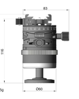 Illustration of ARCA-SWISS monoball p0+ Hybrid flipLock® tripod head with front view, featuring an inverted monoball® design, micrometric geared controls, a friction + control lock and top panning with detents at 90° intervals. From ARCA-SWISS USA. SKU: 801229